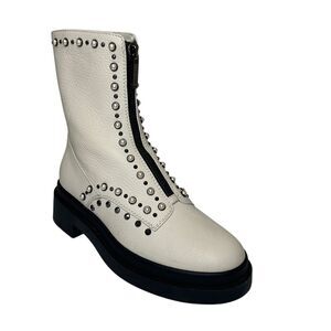 Jimmy Choo Nola Flat Boots Off White EU 37.5 Faux Pearl Studded Lug Sole Zip Up